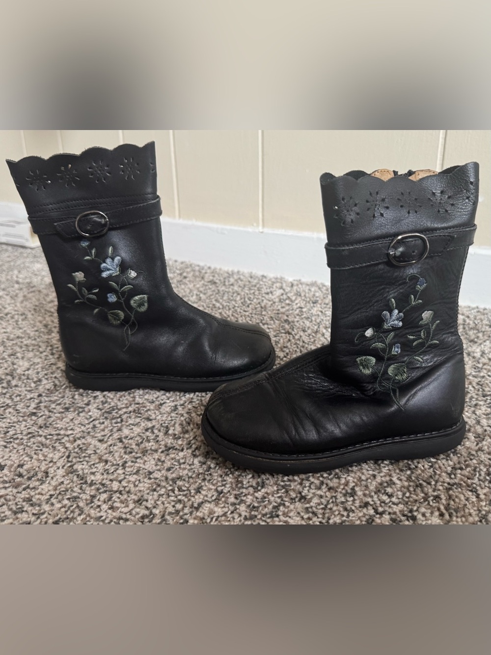 Girl Black Embroidered Leather Boots with Floral Detail